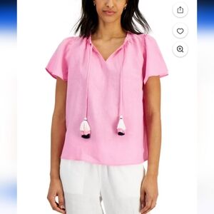 Charter Club Pink Tassel V-Neck Flutter Sleeves Linen Top